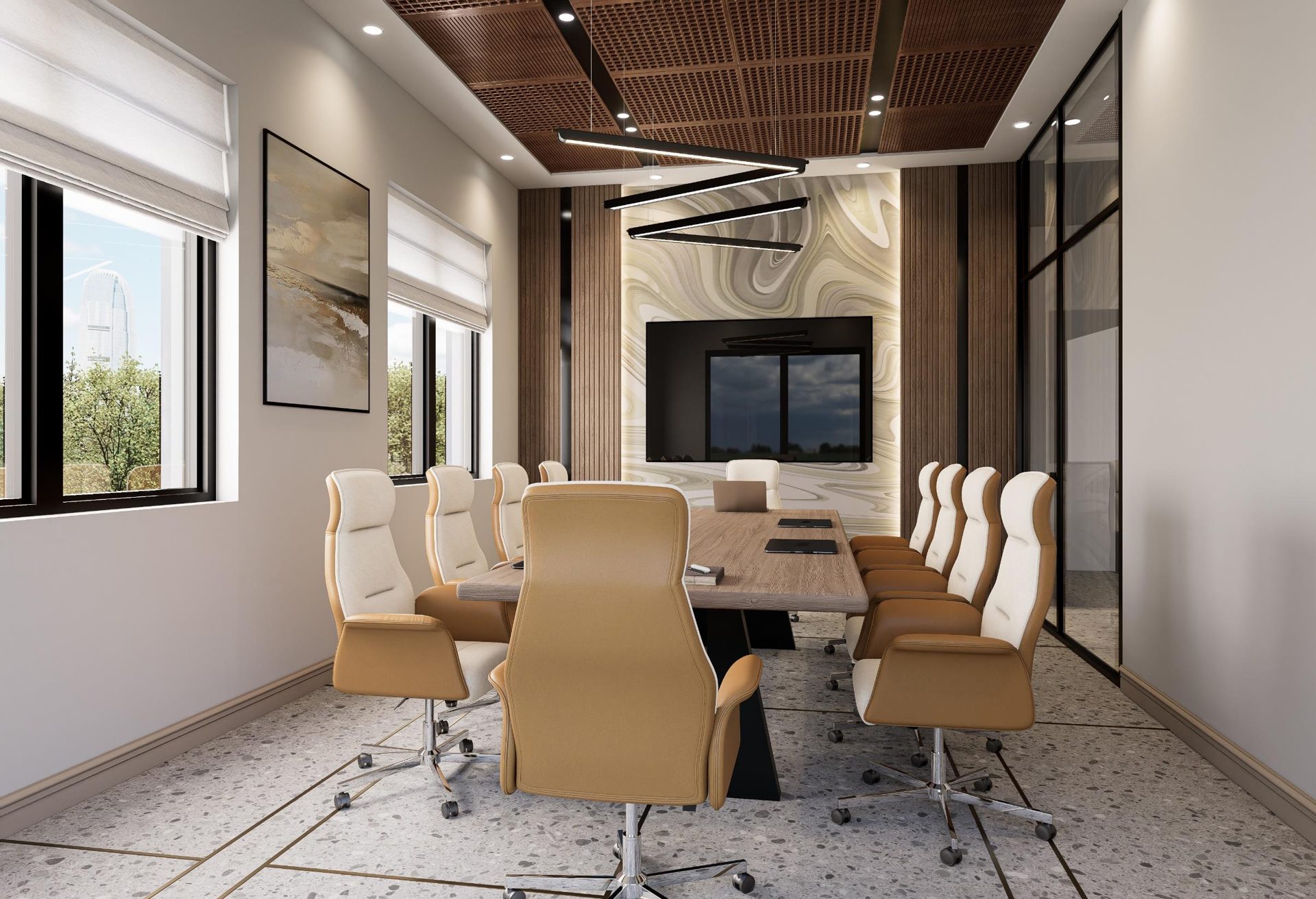 Conference room with timber ceiling and long table