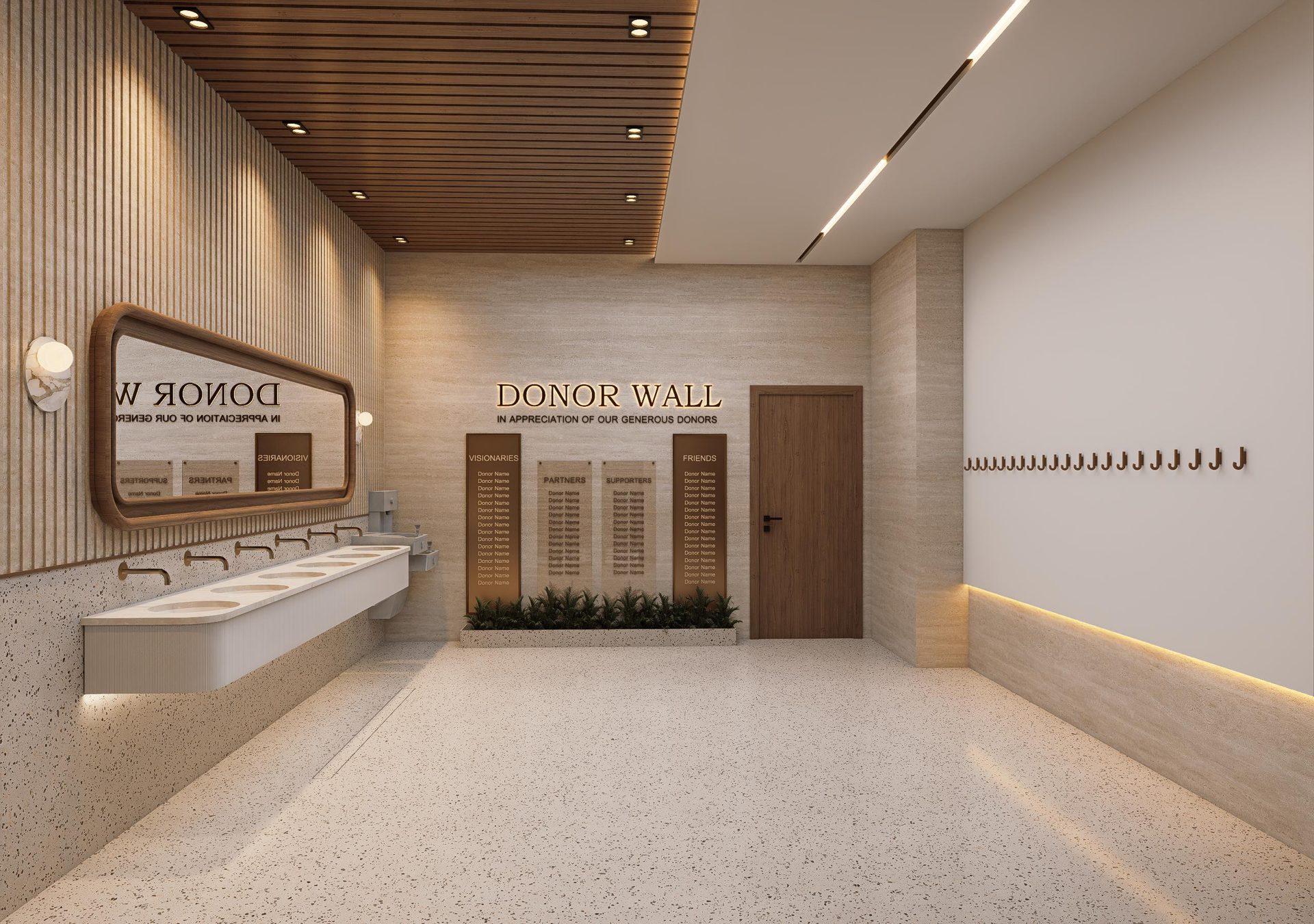 Lobby donor wall in travertine and wood