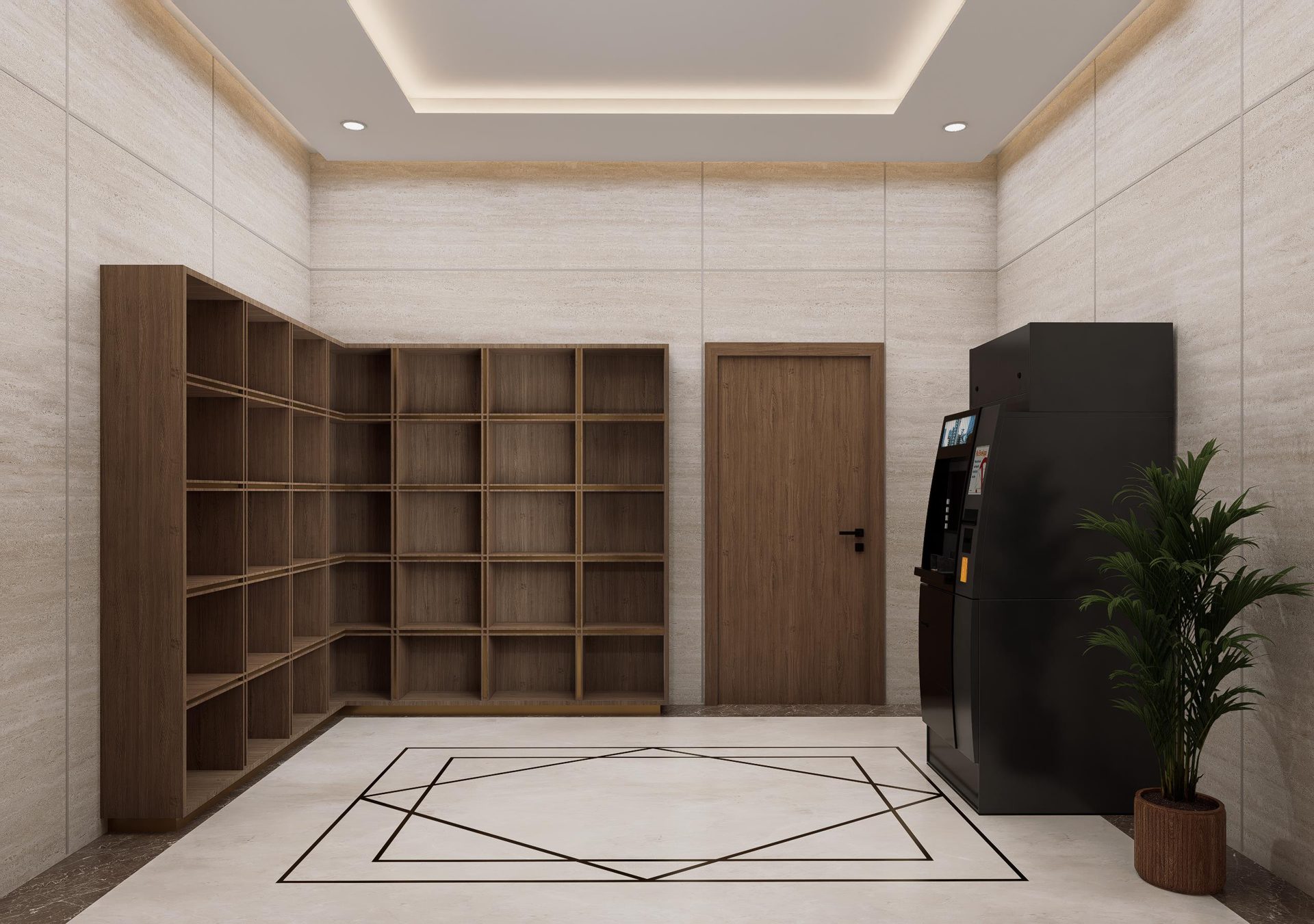 Reception lobby with shelving and turnstile
