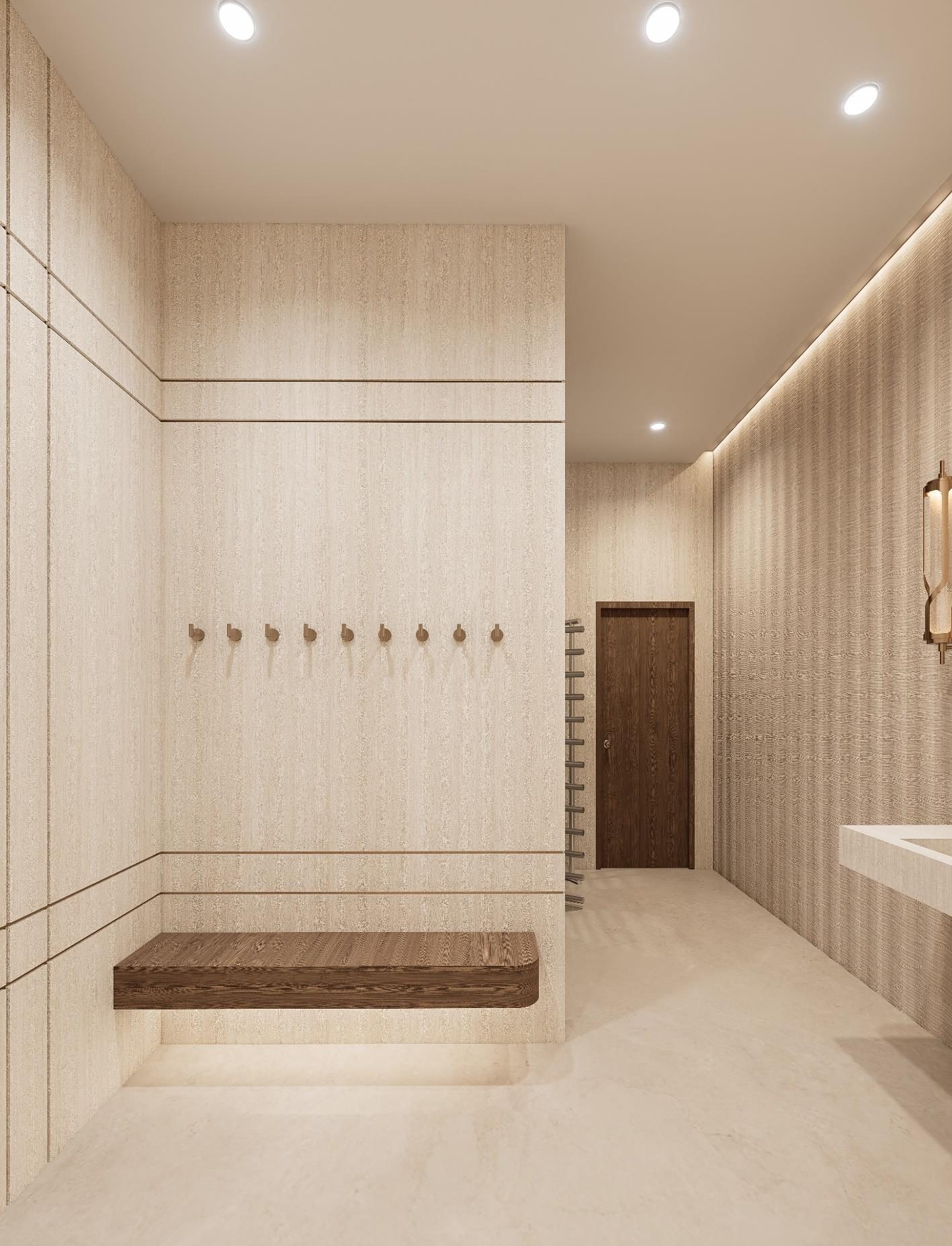 Locker room with floating bench and warm light