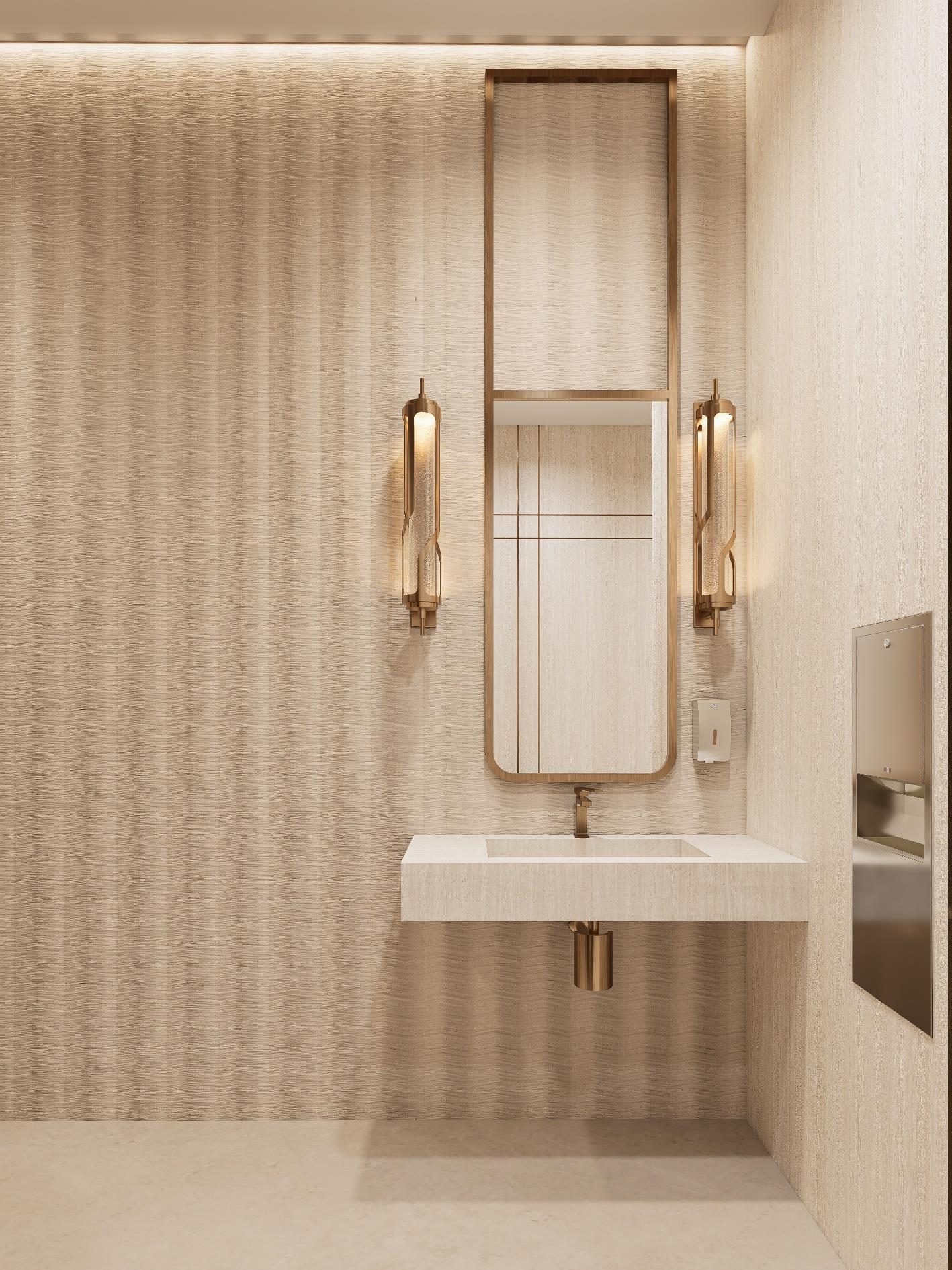 Locker room vanity with brass sconces