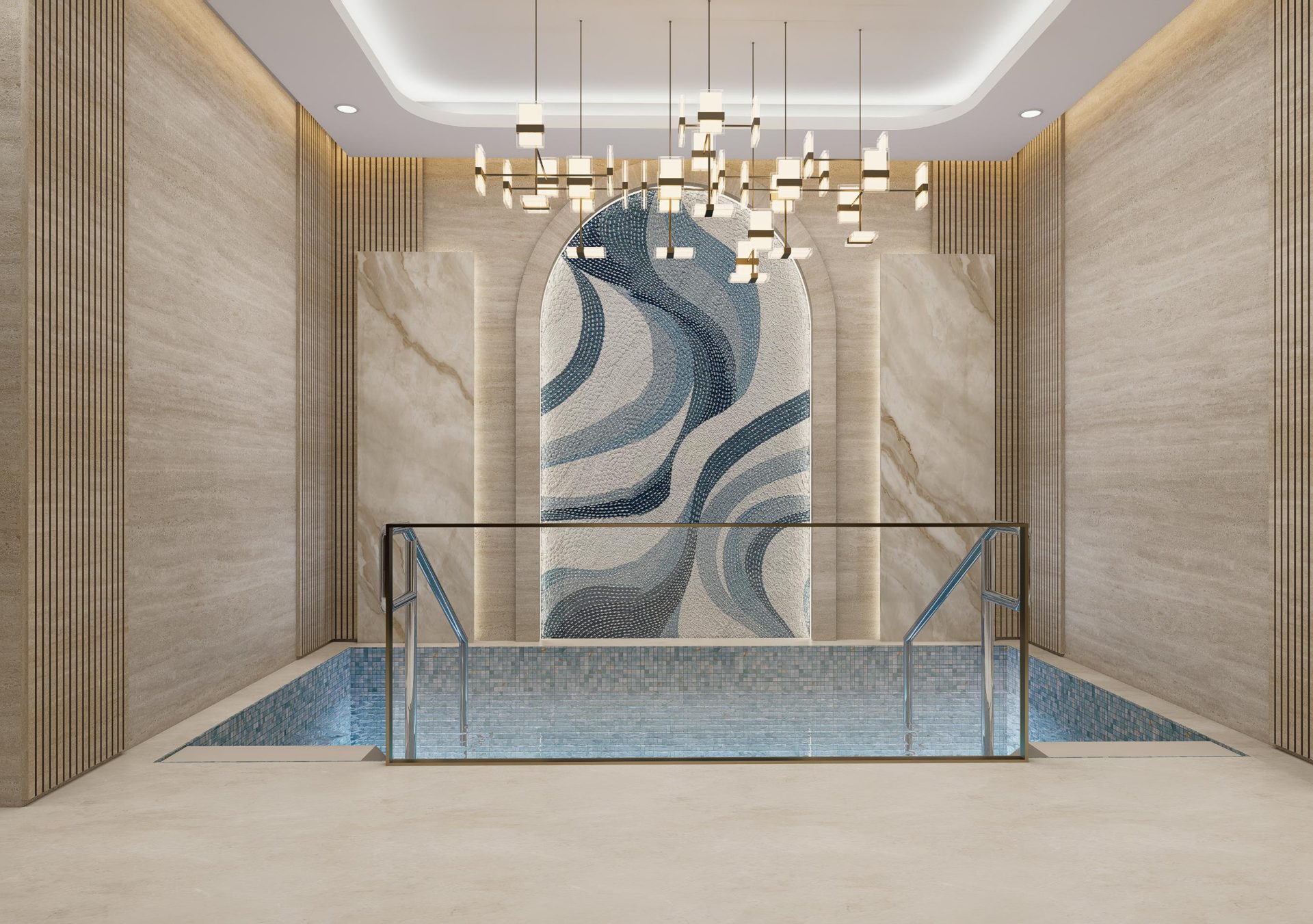 Main mikvah with hand-set blue water mosaic and brass chandelier