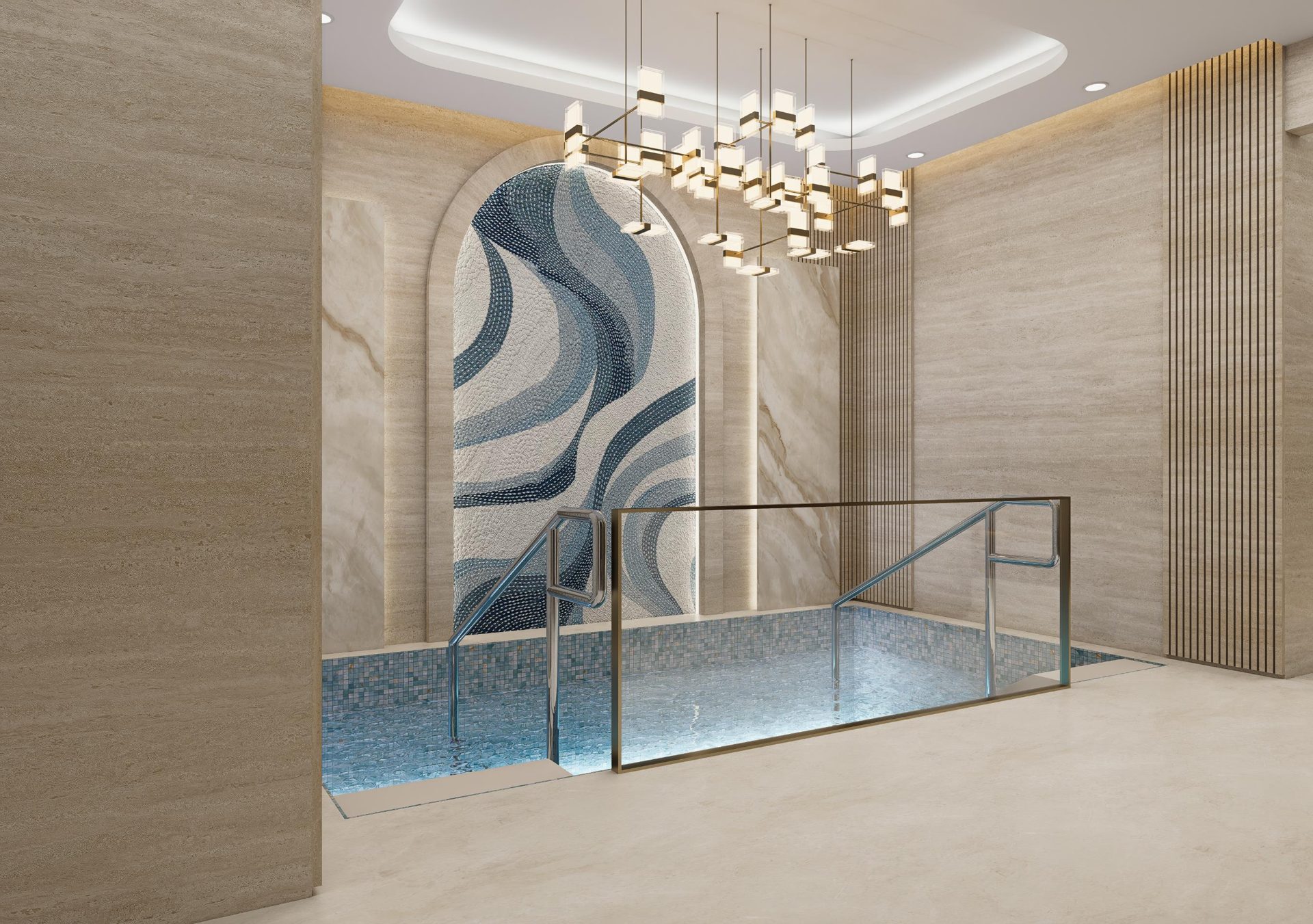Angled view of the main mikvah and mosaic feature wall