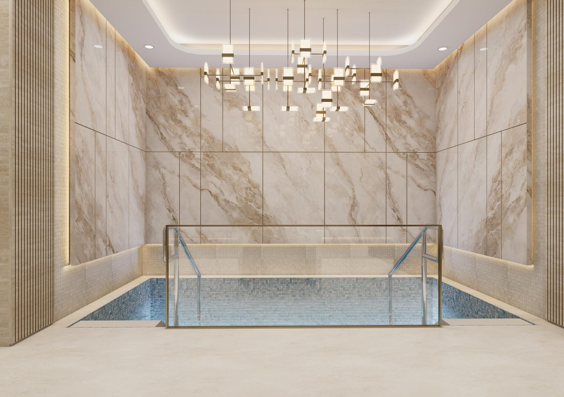 Marble mikvah room with brass chandelier