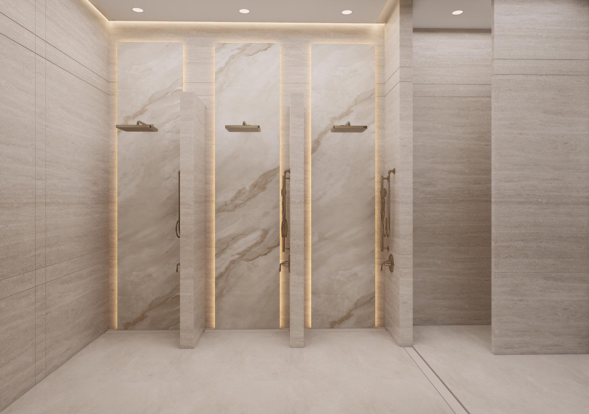 Shower hall clad in book-matched stone